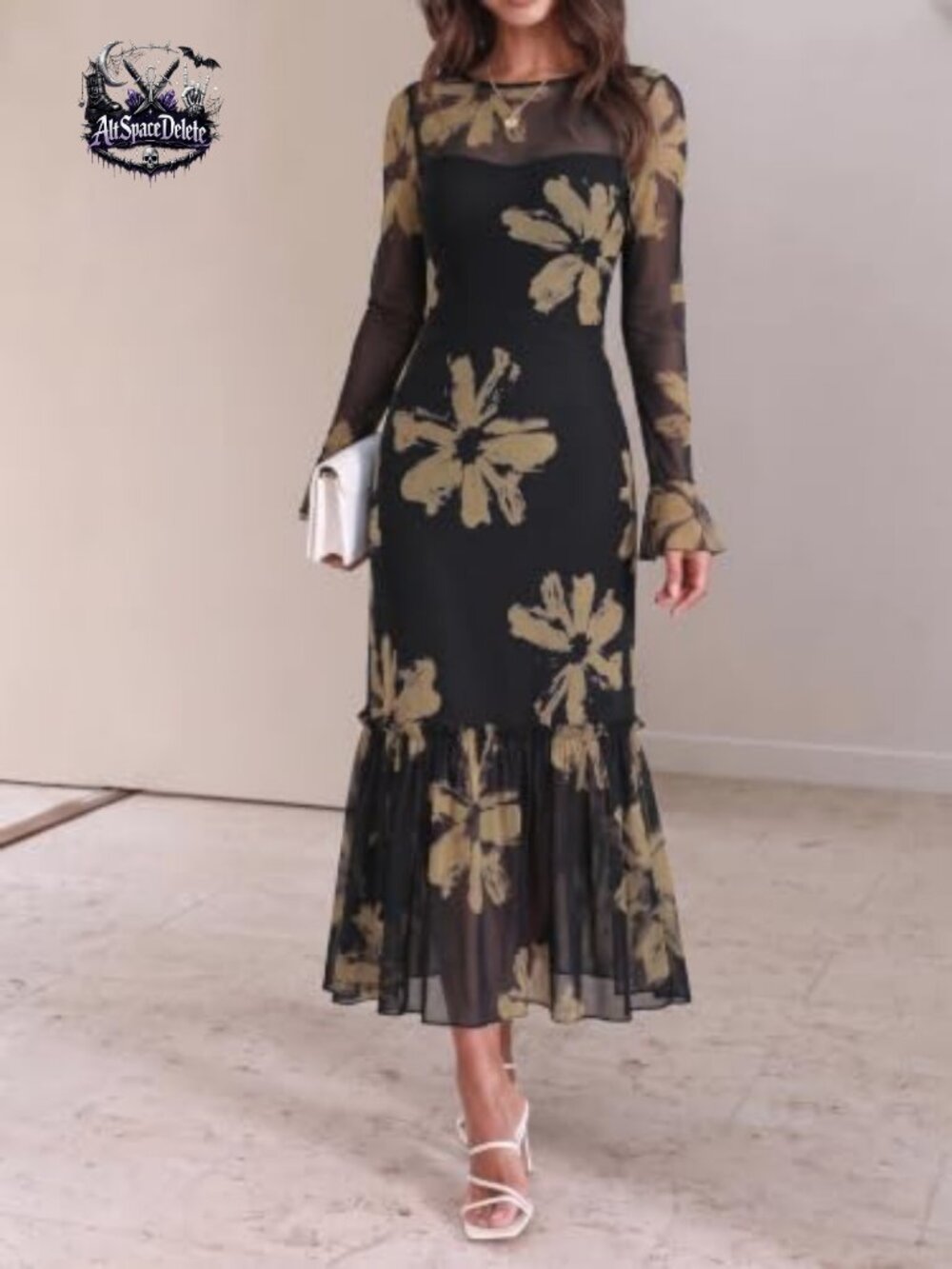 Women's Long Sleeve Floral Mesh Maxi Dress Formal Wedding Guest - Picture 3 of 6